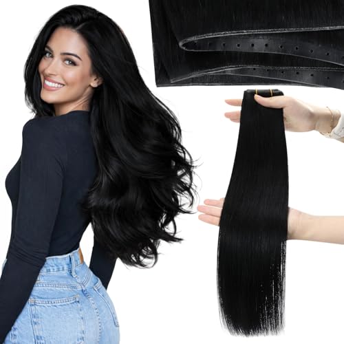 Image of Moresoo Butterfly Weft Hair Extensions Human Hair, Invisible Genius Weft, #1 Jet Black 24 Inch 100g, Add Volume, OVO PU Hole, Straight Soft Remy Hair, Simple Installation