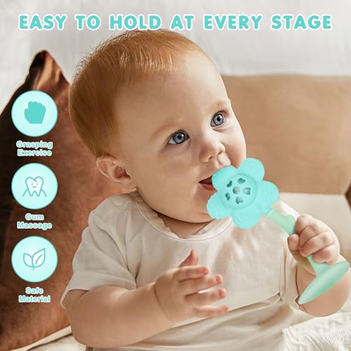 Image of Baby Teething Toys, Teether and Rattle 2-in-1 for Babies 0-6 Months, Food Grade Silicone Teethers for Baies 3-6 6-12 Months, Infant Teething Relief Chew Toys, Sunnyflower Teether Toy BPA Free - Blue