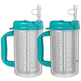 Mugs N Coffee 2-Pack 32 oz Travel Mugs – Teal Hospital Mugs for Cold Drinks – Double Wall Insulated, Large Handle – BPA-Free, Leak-Resistant – Includes Lids and Straws – Made in USA