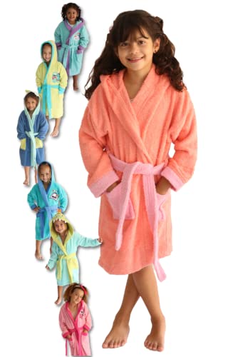 LEBENGOOD - Albornoz Niñas Algodón: Niña, Infantil - 100% Algodón OEKO-TEX® - 2 Bolsillos, Cinturón, Capucha, Albornoces Felpa muy suave con bordados para niñas (6-8, Candy)