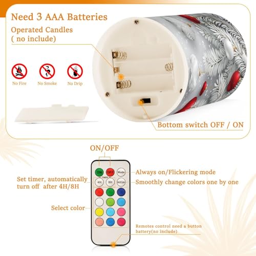 Image of Christmas Lights Flameless Candles Christmas Snowflakes Balls Pattern Pillar Candles Set of 2 Battery Operated Remote Control Warm Lights Home Decor