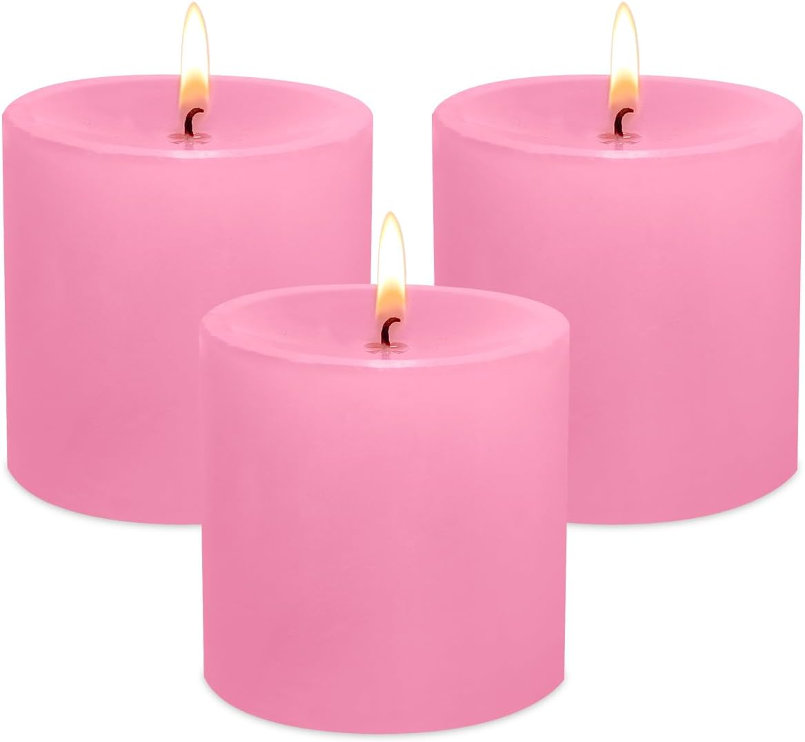 3 Pack Unscented Pink Pillar Candles, 40 Hour 3x3 Inch Dripless Tapered Fat Column Cylinder Candles for Valentine's Day Home Party Holidays
