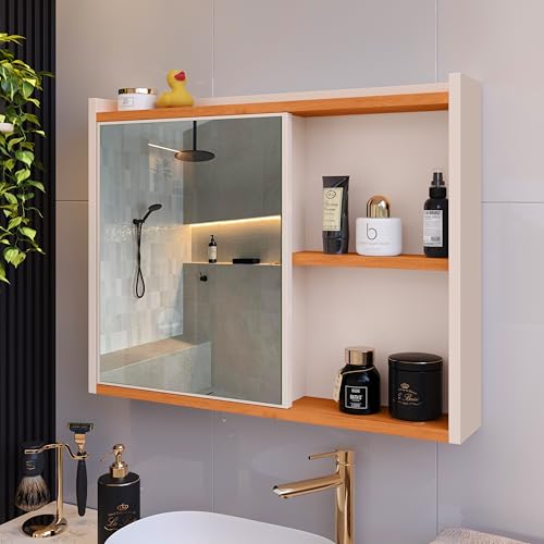 Espelheira Parede Organizadora Armário Prateleira Multiuso Porta Itens Higiene Espelho Luxo Banheiro (Off White/Cinamomo)