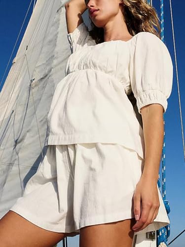 Image of Tankaneo Womens 2 Piece Outfits Summer Square Neck Short Puff Sleeve Babydoll Tops and Shorts Matching Set
