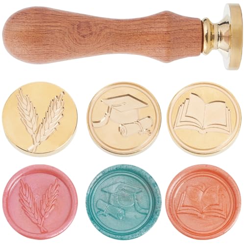 CRASPIRE 3 Styles Graduation Wax Seal Stamp Head Graduation Cap Books 25mm Removable Brass Head Set including 1Pcs Wooden Sealing Stamp Handle for Wedding Envelopes Invitations Gift Packing Wrap Decoration