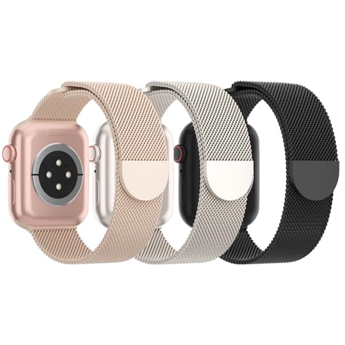 Image of 3 Pack Mesh Metal Magnetic Compatible with Apple Watch Bands Women Men | Stainless Steel Loop Strap for iWatch Band 38mm 40mm 41mm 42mm 44mm 45mm 46mm 49mm Series 11 /10 /9 /8 /SE /7 /6 /5 /4 /Ultra 3 2 1