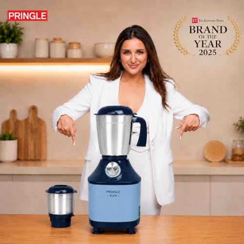 Image of Pringle Alfa 550W 2 Jar Mixer Grinder for Kitchen | 2 SS Jars (Wet & Dry Grinder & Chutney) | Stainless Steel Blades | Compact & Powerful | 5 Yr Warranty | Blue