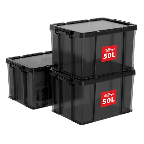 Cetomo 50 x 3 Kunststoff-Aufbewahrungsbox mit robustem Deckel und sicheren Verriegelungsschnallen, stapelbar und stapelbar, 3 Stück, transparentes Schwarz mit schwarzer Schnalle