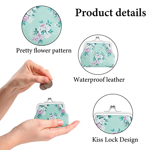 Image of FuninCrea 2 Pcs Faux Leather Coin Purse for Women with Kiss Lock, Floral Pattern Change and Coin Wallet Double Clasp Closure Mini Wallet for Cash Key(Green+Bright Pink)