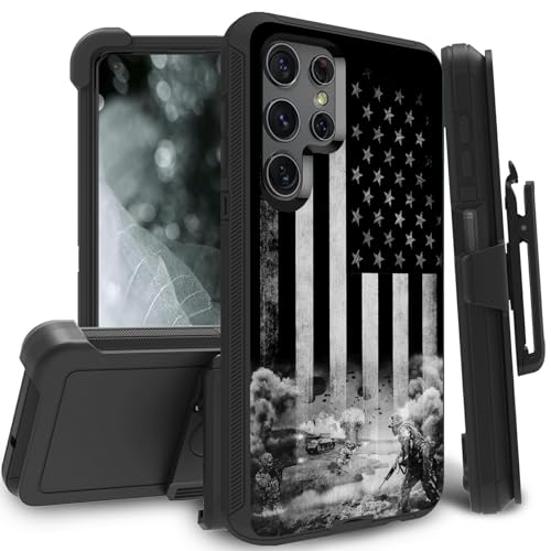 EDGFRTOIO Belt-Clip Holster Case for Samsung Galaxy S23 Ultra 5G, Heavy Duty Triple-Layer Protection Full Body Shockproof Cover Cases for Galaxy S23 Ultra 5G 6.8 Inch, USA Flag Soldiers Patriotic