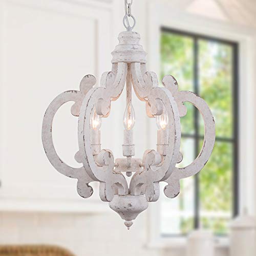 Cottage Wooden Chandelier, 6 Candle Light Farmhouse Chandelier, French Country Chandeleir with Adjustable Chain for Dining Room, Kitchen,Bedroom, Foyer and Entryway