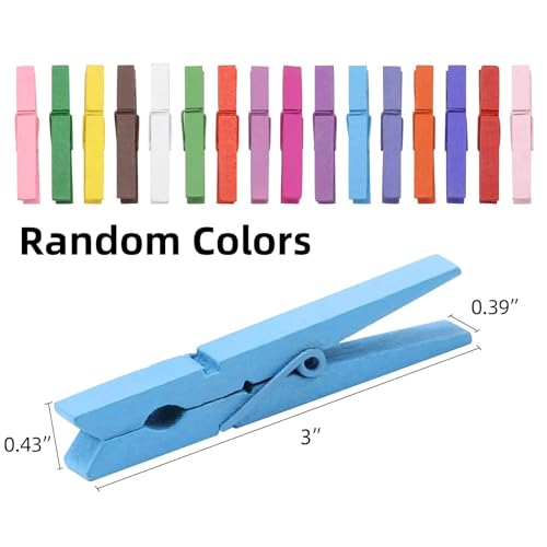 100pcs Colored Clothespins Wooden Heavy Duty Clothes Pins with Strength Spring - Wood Clips for Crafts Pictures Classroom Photos, 3inch, Random Colors