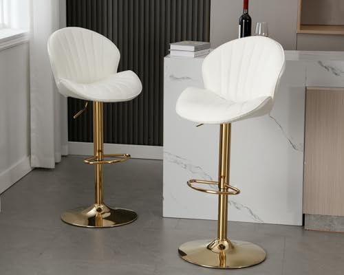 CIMOTA Faux Leather White Bar Stools Set of 2 Adjustable Height Bar Chairs Modern Swivel Barstools with Shell Shape Back Kitchen Stools for Island/Home Bar/Counter, (Gold Base/PU Cream White)