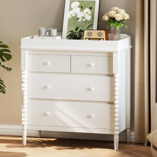 Image of JOINICE White Nursery Dresser with Changing Table, 4 Drawers for Storage | Jenny Lind Spindle Style Dresser and Removable Baby Changing Station Combo for Kids Bedroom, Anti-Tip Kit for Safety