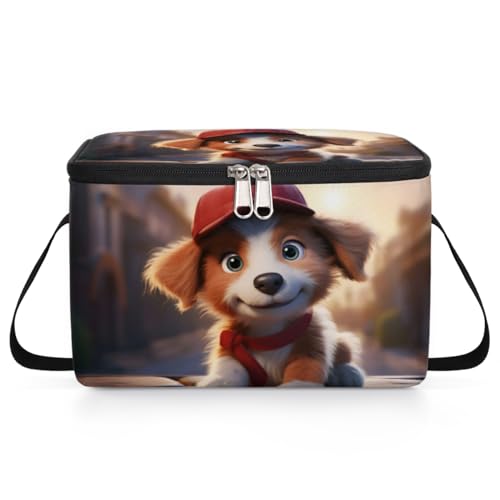 GzLeyigou Cartoon Dog Lunch Bags for Women Men 9 Cans, Hot & Cold Food Delivery Bag Insulated Grocery Bag Insulated Lunch Box Red Hat Cooler Bag for Office Work Picnic Beach