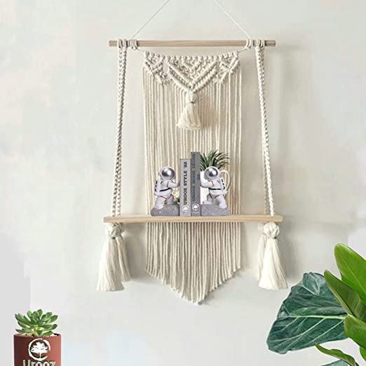 THE TOP KNOTT Macrame Wall Hanging Shelf | Indoor Boho Wall Decor for Bedroom, Wood Hanging Shelf Organizer, Handmade Woven Cotton Rope Bohemian Home Wall Decor SIZE-12 W19 L - Brown