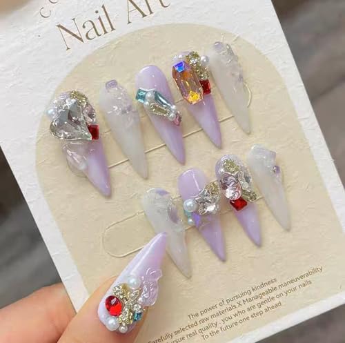 ネイルチップ ロング 黒 青 赤 ピンク 人気 韓国 夏 青 春秋冬 ショート 付け爪 可愛い つけ爪 人気 3D おしゃれ 入学式 卒業式 成人式 結婚式 地雷系ラインストーンキャッツアイ 10枚入おしゃれ (紫と白809, S)
