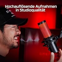 HyperX QuadCast 2, USB-Mikrofon für Gaming, Streaming und Podcasting, Tippen-zum-Stummschalten-Sensor, LED-Beleuchtung, 24-Bit/96-kHz-Aufnahmen, 4 Richtcharakteristiken, Dämpferhalterung, Schwarz – Ansicht 2