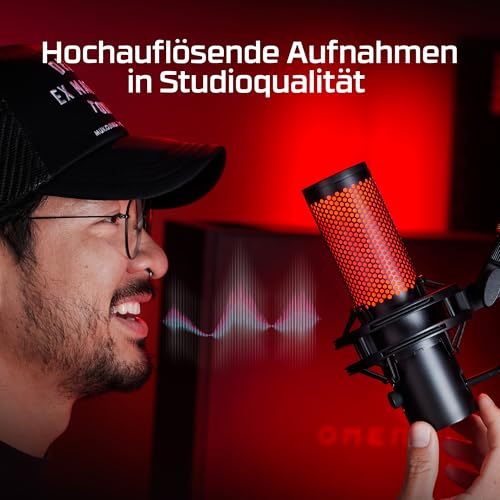 HyperX QuadCast 2, USB-Mikrofon für Gaming, Streaming und Podcasting, Tippen-zum-Stummschalten-Sensor, LED-Beleuchtung, 24-Bit/96-kHz-Aufnahmen, 4 Richtcharakteristiken, Dämpferhalterung, Schwarz