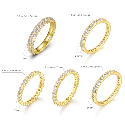 TIKJE 5 Rings Set For Women, 18k Yellow/White Gold/Rose Gold/Black Plated Rings - Cubic Zirconias Band Ring, Eternity Promise Ring For Her Engagement Ring Wedding Band Size 5-12 6