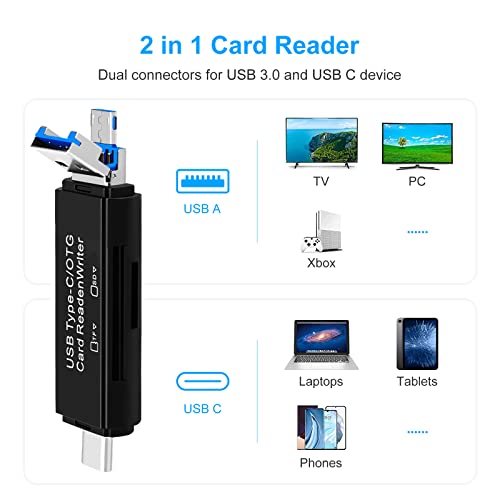 SD Card Reader, AIYEEN 5-in-1 Micro/USB C/USB 2.0 Portable Dual Slot OTG Adapter Memory SD Card Reader for TF SDXC Micro SD Micro SDHC Card Compatible with Laptop, Galaxy S21(Black) - Image 3