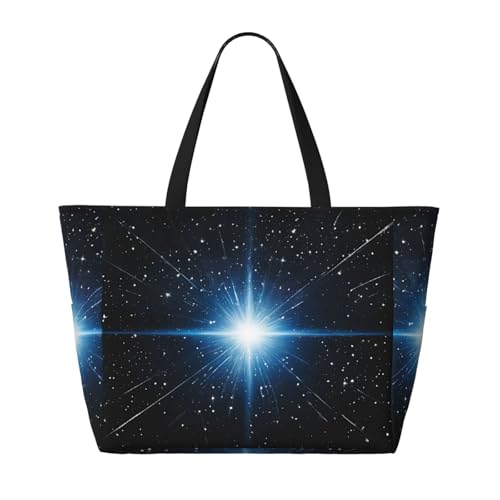 (Blue Shining Stars Print) Large Beach Tote Bag for Women Waterproof Sandproof Travel Shoulder Bag with Pocket for Pool Vacation Weekend Gym2