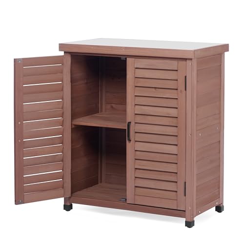 Outdoor-Storage-Cabinet-Potting-Bench-Table-with-Metal-Top-Wooden-Patio-Furniture-Garden-Workstation-Dark-Brown-36x31x17in Outdoor Storage Cabinet Potting Bench Table with Metal Top Wooden Patio Furniture Garden Workstation Dark Brown 36x31x17in