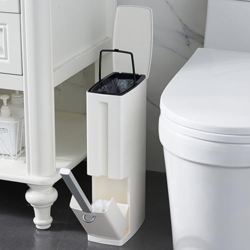 Shally Dogan Set Scopino e Cestino da Bagno 2 in 1 Salvaspazio Autoportante, Holder Bend Portascopino e Pattumiera da Toilette WC, Contenitore Spazzatura Removibile, Chiusura Antiodore