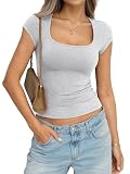 EasyGala Womens Cotton Square Neck Short Sleeve Shirts Slim Fit Cap Sleeve Going Out Top Summer Basic Low Cut Tee Fashion Outfits Clothes 2026 Light Heather Grey Small