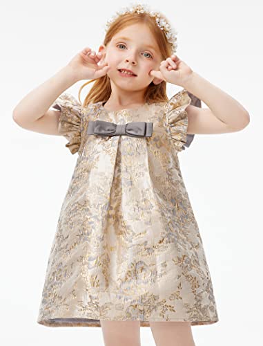 Meilleur Moment Girls Kids Summer Floral Dress Ruffle Sleeve A-Line Golden Jacquard Midi Dress For Girls Daily Party #TOP7