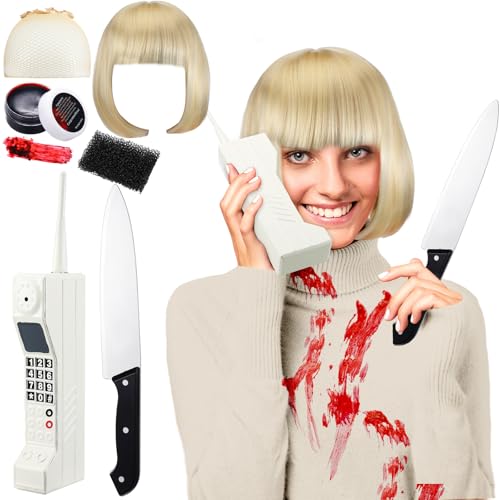 Wavwavw 6 Pcs Halloween Horror Costume Accessories for Women Short Blonde Wig Hair Net Retro Brick Cell Phone Fake Blood Ointment Sponge Plastic Knife Halloween Cosplay for Movie Role Play Party Favor