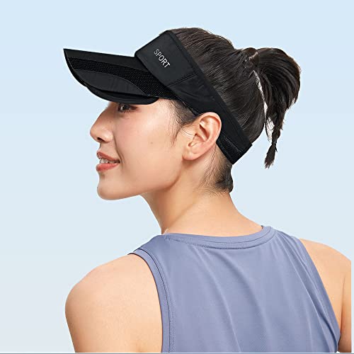 Sun Visors For Women Retractable Wide Brim Beach Hat Golf Accessories For Men Adjustable Empty Top Black Visor Uv Protection Sun Hat Tennis Ponytail Sunhat Running Cap #TOP4