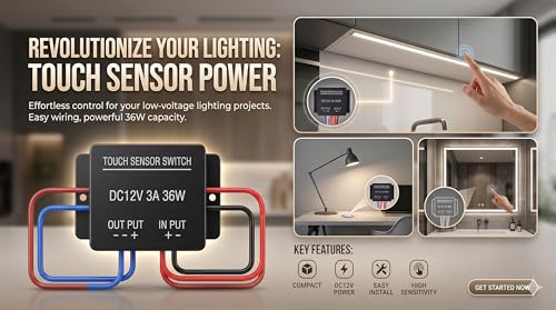 Image of Touch Sensor Switch DC 12V 3A 36W, Stepless Dimming Controller for LED Strip Lights, Mirror Wardrobes and Bathroom Mirrors