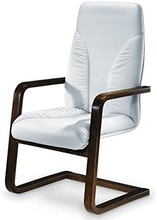 Genuine leather reception chair with wooden base and armrests. Handmade product. Made in Italy