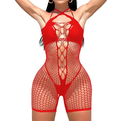 Famstar Sexy Lingerie for Women Naughty Fishnet Lingerie Set Bodysuit Outfits Erotic Sheer Mesh Teddies Red