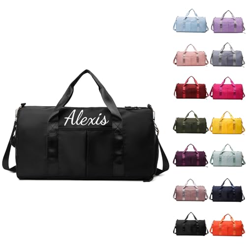 Personalized Gym Bag, Embroidered Travel Bag with Trolley Sleeve, Waterproof Sports Bag with Shoes Compartment, Duffle Bag for Men Women Weekender Bag Overnight Bag (Black)