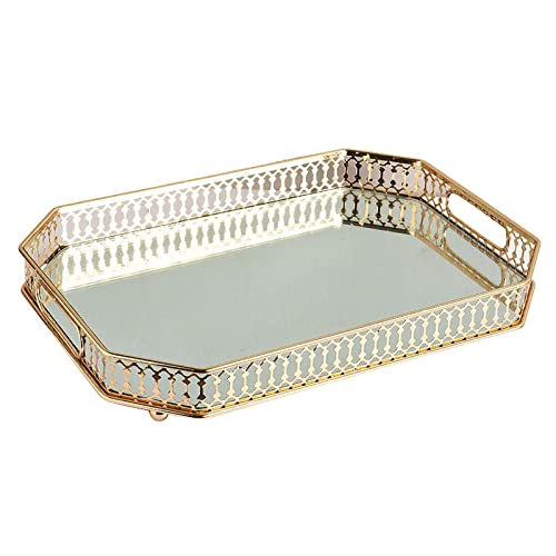 Homozy Decorative Metal Serving/Dressing Table Drinks Cradle Trays with Mirror Base, Gold Finish