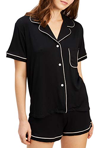 Morgan Lane 'Katelyn Fiona' Knit PJ Set, Silk Pajama Short Sleeve Top and Short Set (S, Noir/Vanilla)