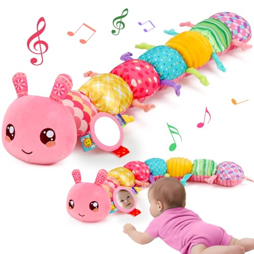 Thremhoo Baby Girls Toys 0-6 Months Musical Stuffed Caterpillar Pink Toys for Infant 0-3 3-6 Months Tummy Time Sensory Toy with Mirror Crinkle Rattle Birthday Easter Gifts for 3 4 5 6-12 Month Newborn
