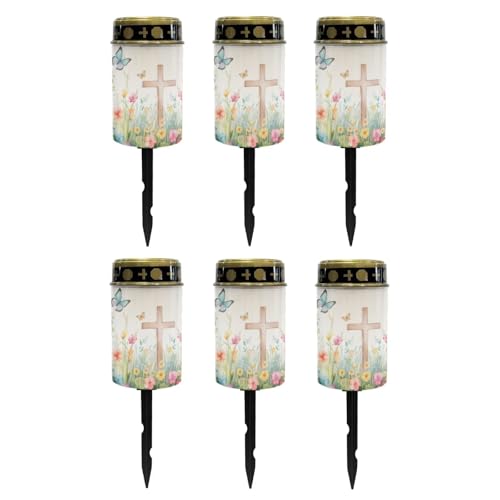 Image of Poceacles Cross Solar Powered Outdoor Lights Cemetery Solar Candle Solar Memorial Lights Outdoor Waterproof Landscape Lights for Yard Patio Lawn Outdoor Home Decor, Cross Butterfly Floral, Pack of 6