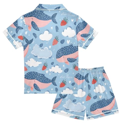 ALAZA Whale Strawberry Cloud Pajamas Satin Pajama Set Short Sleeve Button Down Sleepwear2