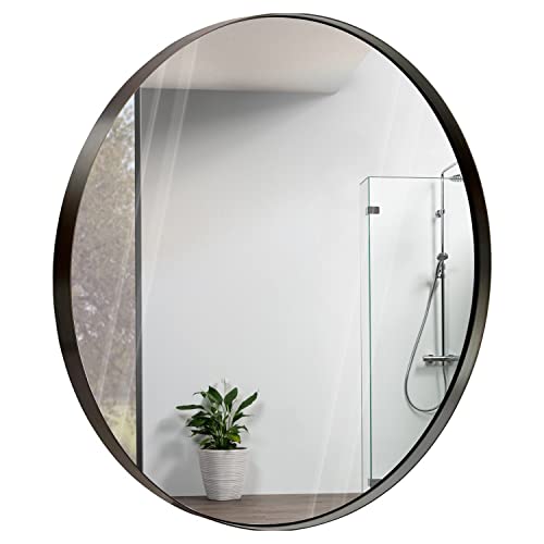Hamilton Hills Large 30 Inch Round Bathroom Mirror Brushed Bronze Metal Frame - Contemporary Circle Wall Mirror for Home Decor - Premium Vanity Mirror for Bedroom and Living Room Walls