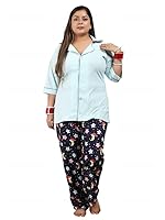 Dream Darzi Women's Sleepy Star Printed Swiss Cotton Hosiery Collared Neck 3/4 Sleeve Night Suit Set Shirt Style Top & Pyjamas-Blue/Skyblue-7XL