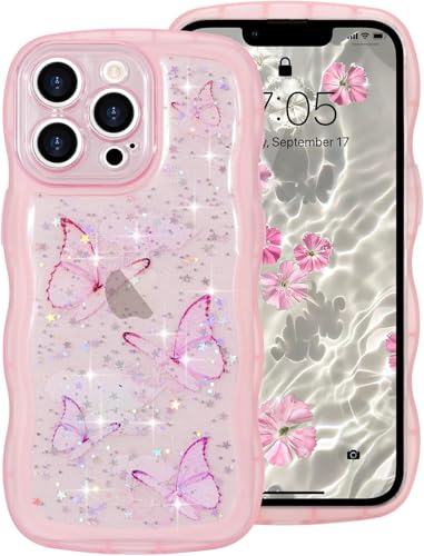 miyonsin Funda para iPhone 6 / iPhone 6S, Purpurina Respaldo Transparente Mariposa Antiarañazos, Anti Amarillo Carcasa de Parachoques Prueba Golpes, Rosa