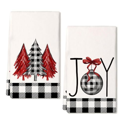 ARKENY Christmas Kitchen Towels Set of 2 Buffalo Plaid Tree Dish Towels
