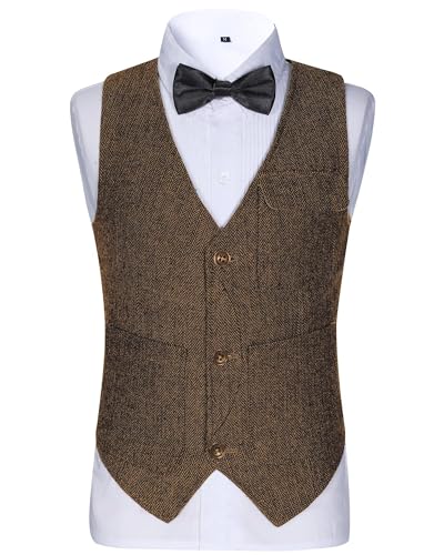 Image of Retro Boys Tweed Vest for Kids Formal Dress Herringbone Suit Vest for Toddler Boy Wedding Waistcoat