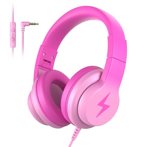 Candy Bila Kids Headphones, Wired Headphones for Kids Over Ear with Microphone, 85/94dB Volume Limiter Headphone for Girls Boys, Foldable Headphone for Learning & Entertainment, Gradient Deep Pink