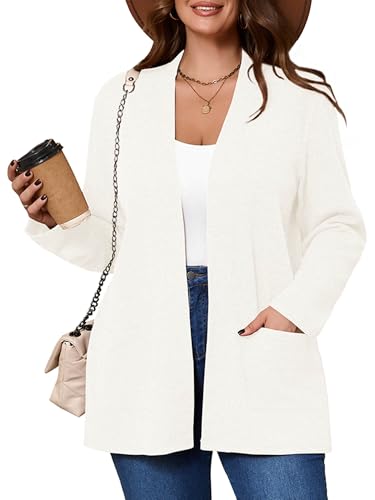 AusLook Women's Plus Size Lightweight Open Front Cardigan Beige 5X