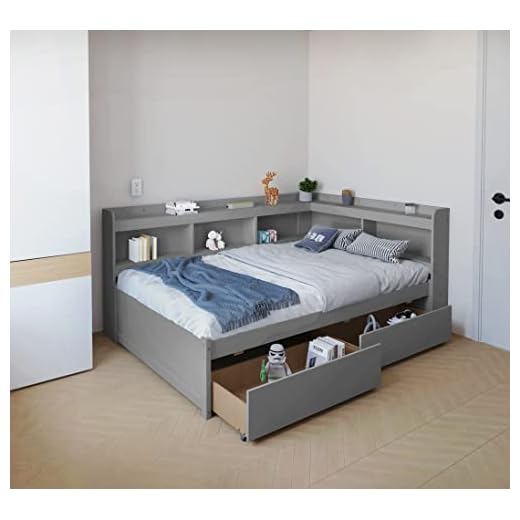 DEINPPA Full Size Platform Bed with L-Shaped Bookcase and 2 Drawers, Wooden Captain Bed Frame with Bookcase Headboard for Kids Teens Adult Boys Girls, No Box Spring Needed, Grey