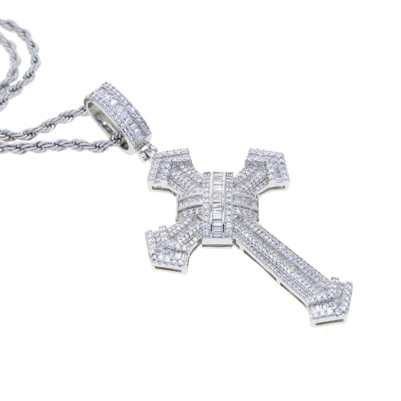 Sterling Silver and Stainless Steel Cross Necklace with Large Silver Pendant Chain, Hip Hop Style, Inlaid with Sparkling Cubic Zirconia, Fashion Statement Jewelry for Men and Women, Perfect for Any Occasion
